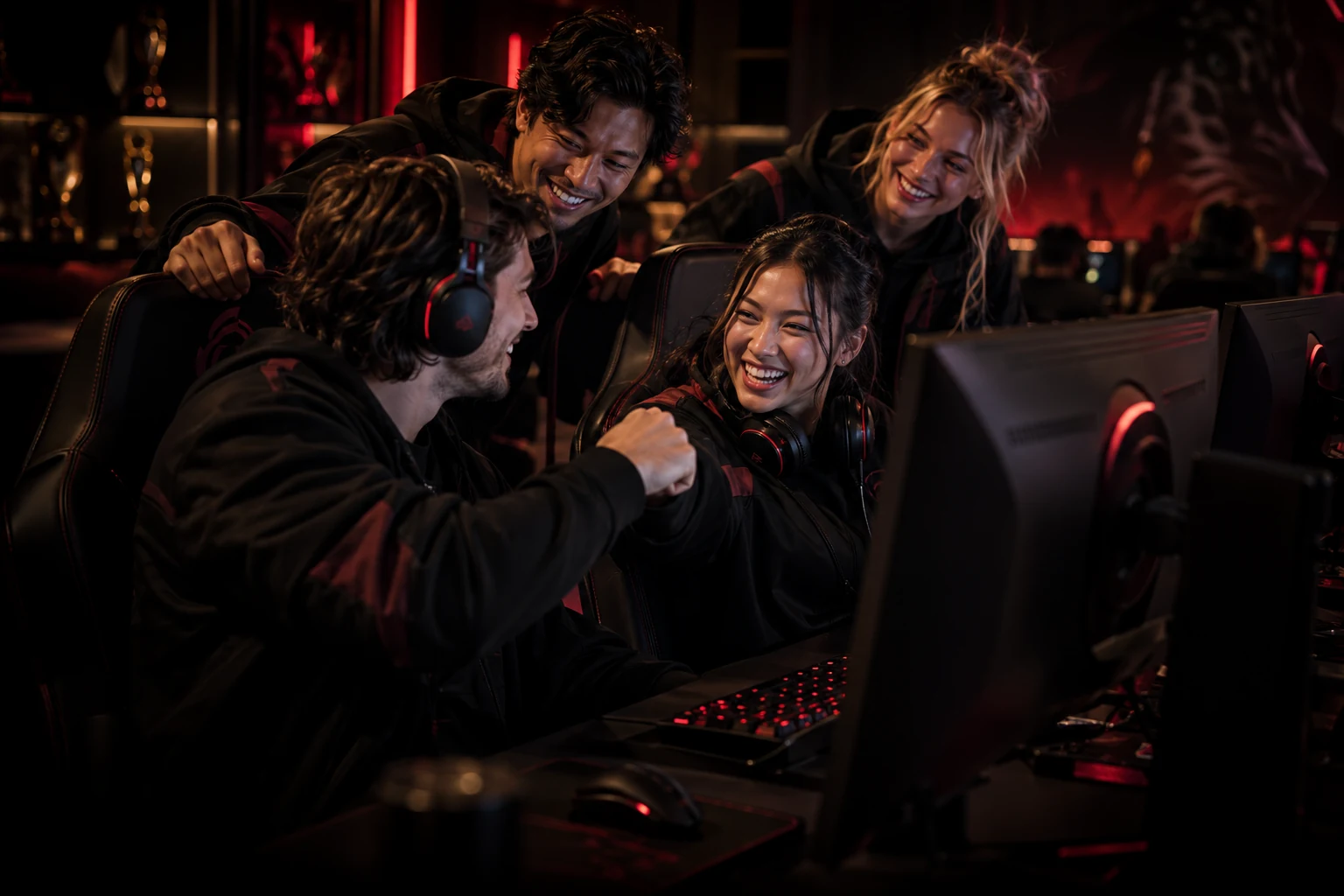 Cinematic artwork of friends celebrating together at PC gaming stations